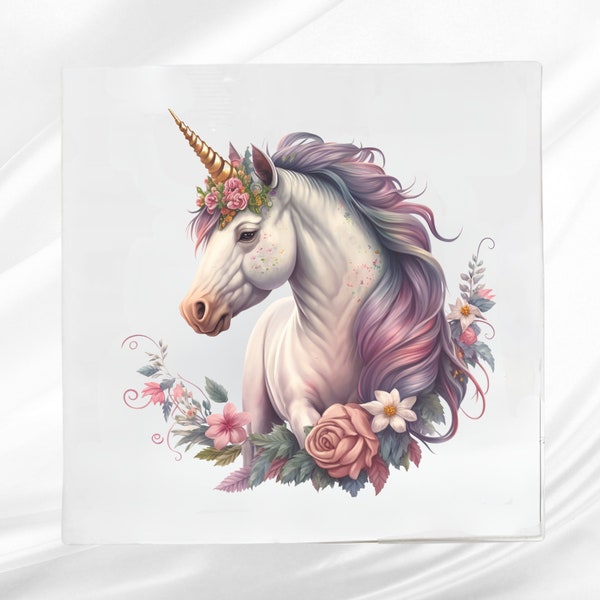 White Floral Unicorn Fabric Panel ~ Unicorn Crafting Fabric ~ Square fabric panel for sewing projects
