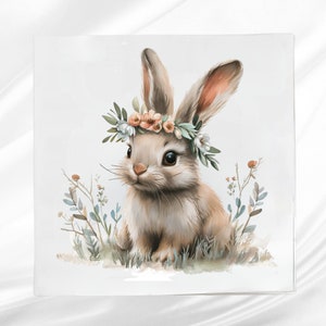 Floral Easter Bunny Fabric Panel ~ Easter Quilt Block ~ Square fabric panel for sewing projects