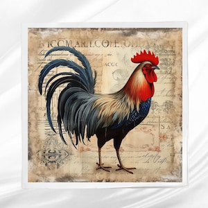 Vintage Rooster Fabric Panel ~ Crafting Fabric ~ Square fabric panel for sewing projects