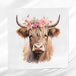 Highland Cow Fabric Panel ~ Cattle Cow Quilt Panel ~ Square fabric panel for sewing projects