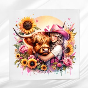 Western Cowgirl Fabric Panel ~ Cow Lovers Quilt Block ~ Square fabric panel for sewing projects