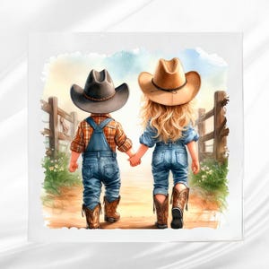 May include: Watercolor illustration of two children in cowboy hats and boots, holding hands and walking away from the viewer. One child wears overalls and a plaid shirt, the other a denim shirt and jeans. A wooden fence and path are in the background.