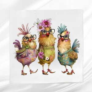 May include: Three cartoon chickens wearing glasses and floral patterned clothing. The chicken in the middle is wearing a flower crown.