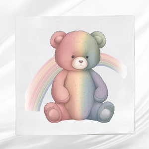 Rainbow Bear Fabric Panel ~ Teddy Bear Quilt Block  ~ Square fabric panel for sewing projects