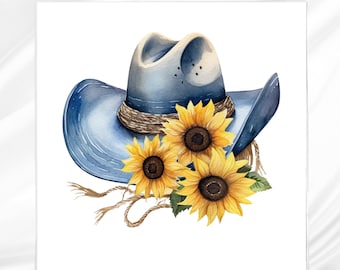 May include: A blue denim cowboy hat with a brown leather band and three yellow sunflowers.