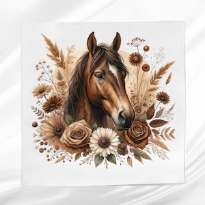 Brown Horse Fabric Panel ~ Horse Quilt Block ~ Square fabric panel for sewing projects