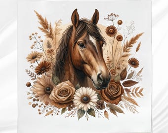 Puede incluir: Un caballo marrón con una raya blanca en la cara está rodeado de una corona de flores marrones, beige y blancas. La cabeza del caballo está mirando al espectador y sus ojos están cerrados. Las flores están dispuestas en un círculo alrededor de la cabeza del caballo y todas están en flor.