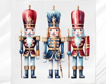 May include: Three toy nutcracker soldiers with red, blue, and gold accents. The soldiers are standing on a white background.