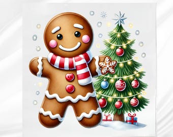 Gingerbread Man with Tree Fabric Panel: Cotton blend Quilt Block