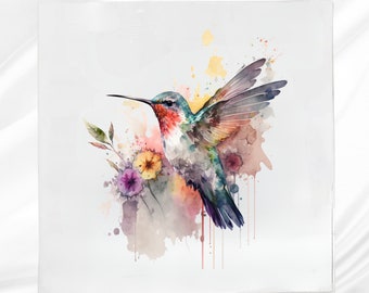 Hummingbird Fabric Panel: Watercolor Style Sewing Square