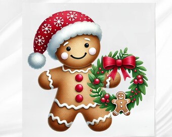 Gingerbread Man with Wreath Fabric Panel: Cotton blend Quilt Block