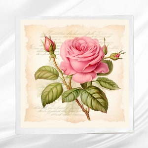 Vintage Paper Pink Roses Fabric Panel ~ Crafting Fabric ~ Square fabric panel for sewing projects