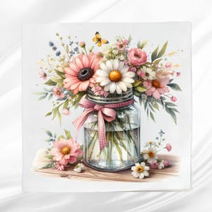 May include: A glass jar filled with water and a bouquet of pink and white flowers, including daisies and roses. A pink ribbon is tied around the jar. A small yellow butterfly is perched above the flowers. The jar sits on a wooden surface.