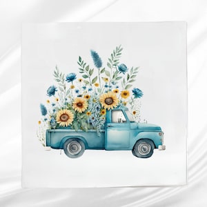 Flower Truck Fabric Panel ~ Truck Quilt Block ~ Square fabric panel for sewing projects