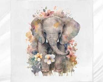 Boho Elephant Fabric Panel: Cotton blend Quilt Square