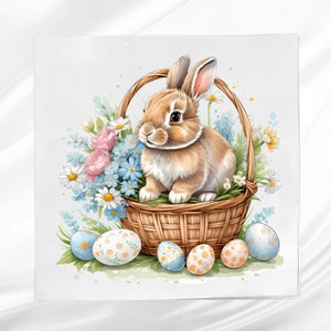 Bunny in a Basket Fabric Panel ~ Square fabric panel for sewing projects