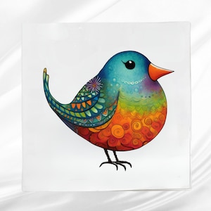 Folk Art Bird Fabric Panel: Colorful Quilt Square