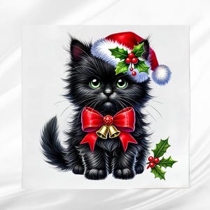 Black Christmas Kitten Fabric Panel ~ Christmas Quilt Block ~ Square Fabric Panel for Sewing Projects