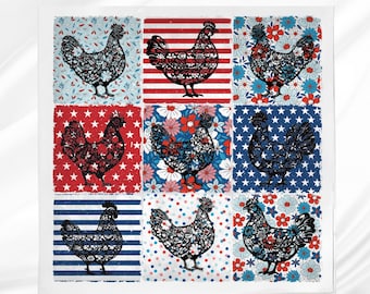 Patchwork Chickens Quilt Block for Baby Blankets and Quilts ~ Square Fabric Panel for Sewing