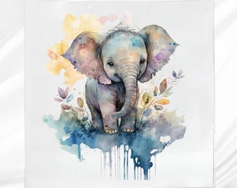 Elephant Fabric Panel: Watercolor Quilt Block for Sewing