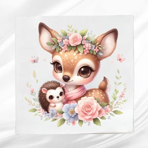 Fawn and Hedgehog Fabric Panel ~ Woodland Animals Quilt Block ~ Square fabric panel for sewing projects