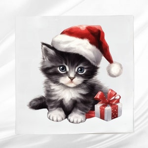 Christmas Kitten Fabric Panel ~ Christmas Quilt Block ~ Square Fabric Panel for Sewing Projects