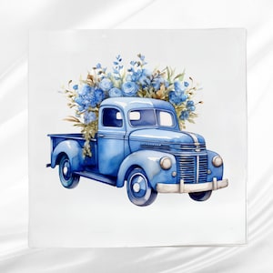 Blue Truck Fabric Panel ~ Quilt Block ~ Square fabric panel for sewing projects
