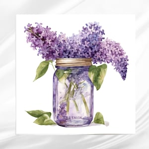 Jar with Lilacs Fabric Panel ~ Lilac Quilt Block ~ Square fabric panel for sewing projects