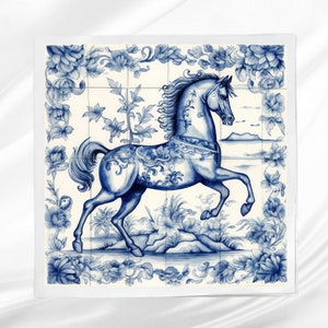 Delft Style Horse Fabric Panel ~ Horse Quilt Block ~ Square fabric panel for sewing projects