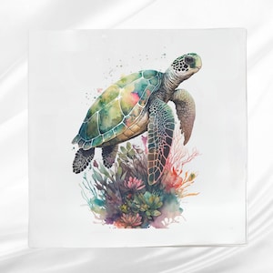 Sea Turtle Fabric Panel ~ Quilt Block ~ Square fabric panel for sewing projects
