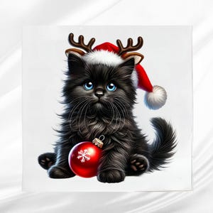 Black Christmas Kitten Fabric Panel ~ Christmas Quilt Block ~ Square Fabric Panel for Sewing Projects