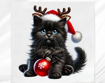 May include: A fluffy black cat with bright blue eyes wearing a red Santa hat with reindeer antlers. The cat is holding a red Christmas ornament with a white snowflake design. The image has a white background.