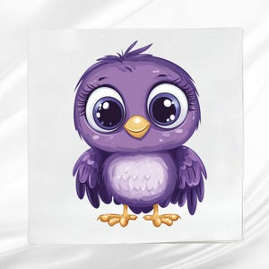 Kawaii Purple Bird Fabric Panel ~ Quilt Panel ~ Square fabric panel for sewing projects