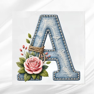 May include: A large capital letter A designed with a distressed blue denim texture, featuring visible light-colored stitching along the edges. A thick brown rope is wrapped around the center, adorned with a pink rose and green leaves.