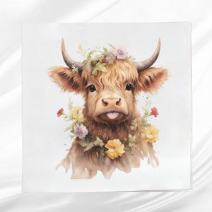 Baby Highland Cow Fabric Panel ~ Quilt Block Panel ~ Square fabric panel for sewing projects