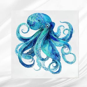 May include: Watercolor painting of a blue octopus with detailed tentacles and a textured head. The octopus is depicted in shades of turquoise and teal against a white background. The artwork showcases a marine theme.