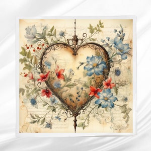 May include: A vintage-style heart-shaped frame with intricate details is surrounded by a floral arrangement. The flowers are in shades of blue, red, and green, and the background is a faded, antique-looking paper with handwritten text.