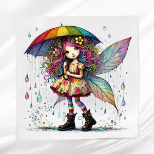 Fairy Girl Fabric Panel ~ Fairy Girl Quilt Block ~ Square fabric panel for sewing projects