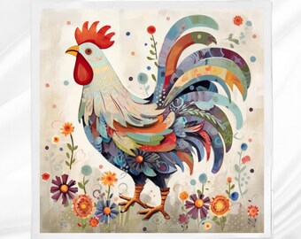 Key West Rooster Fabric Panel: Cotton blend Crafting Square