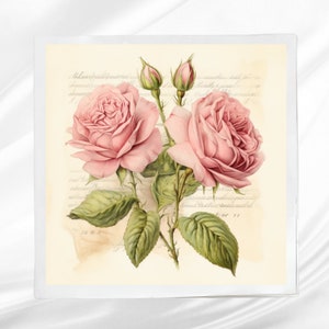 Pink Roses Fabric Panel ~ Rose Quilt Block ~ Square fabric panel for sewing projects