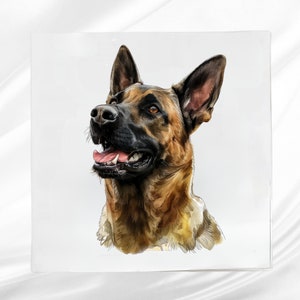 May include: A close-up portrait of a brown and black German Shepherd dog with its tongue sticking out. The dog is looking to the left of the image and has a happy expression.