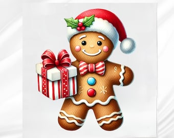 Gingerbread Man with Present Fabric Panel: Cotton blend Quilt Block