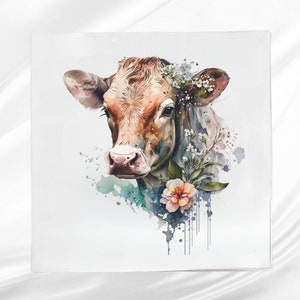 Floral Cow Fabric Panel ~ Cow Quilt Block ~ Square fabric panel for sewing projects