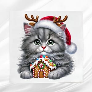 Gray Christmas Kitten Fabric Panel ~ Christmas Quilt Block ~ Square Fabric Panel for Sewing Projects