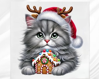 Christmas Kitten Fabric Panel: Gray Quilt Block for Sewing Projects