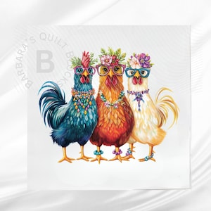 3 Chickens Quilt Block ~ Square fabric Quilt panel for sewing projects