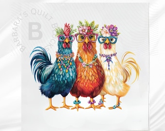 3 Chickens Quilt Block ~ Square fabric Quilt panel for sewing projects