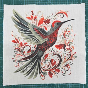 Red and Gray Hummingbird Fabric Panel ~ Square fabric panel for sewing projects