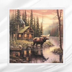 Rustic Moose and Cabin Fabric Panel ~ Moose Fabric Square ~ Square fabric panel for sewing projects
