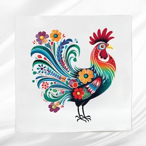 Folk Art Rooster Fabric Panel ~ Rooster Quilt Panel ~ Square fabric panel for sewing projects